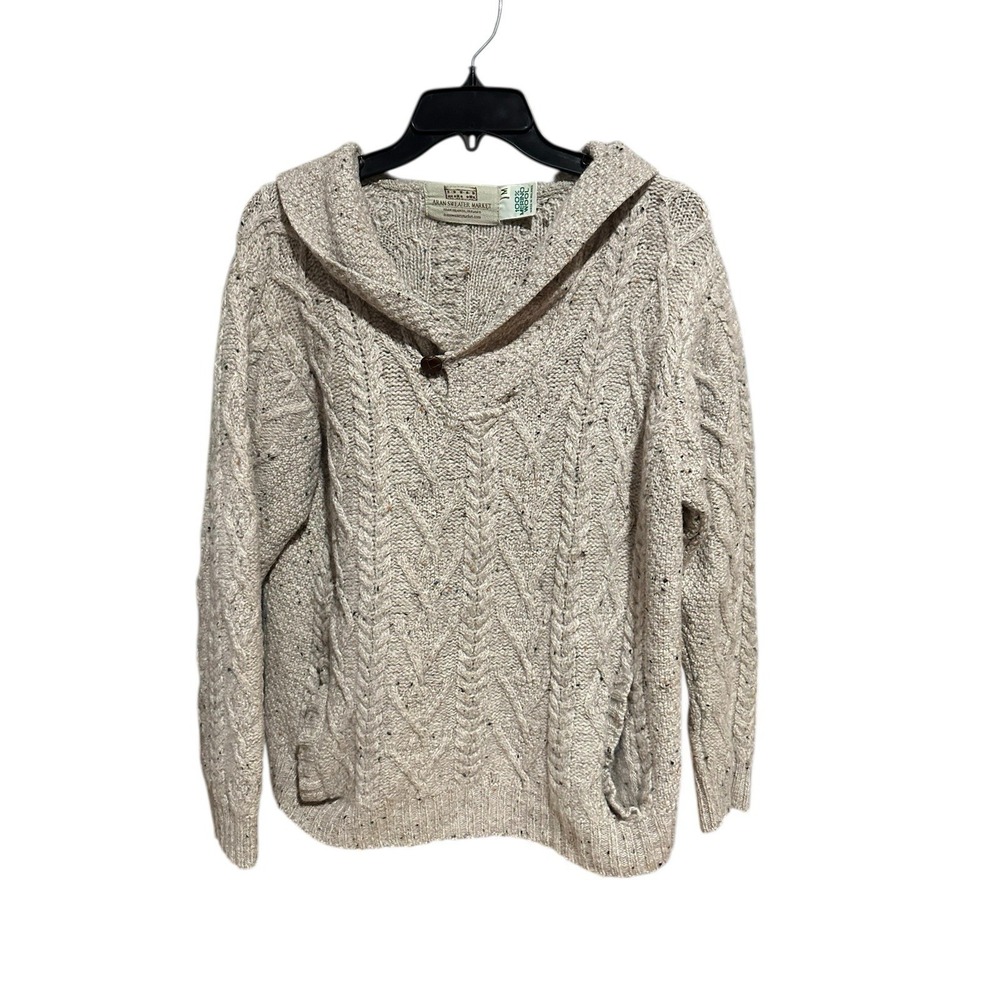 Aran‎ Sweater Market Women's Medium Merino Wool Cable Knit V Neck Ireland #HR-12
